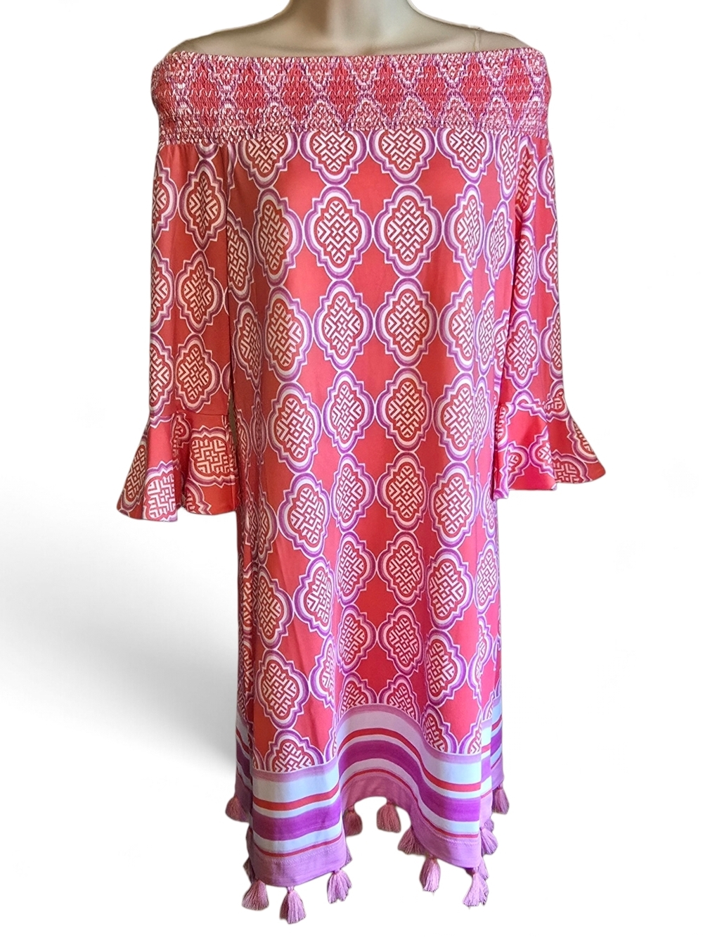 🌴 Cabana Life UPF 50+ Pink Tassel Hem Off Shoulder Cover Up Dress M